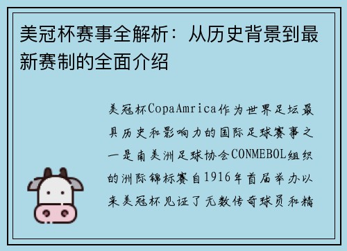美冠杯赛事全解析：从历史背景到最新赛制的全面介绍